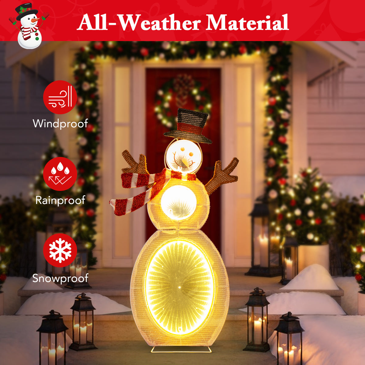 Lighted Snowman Decoration with LED Lights and Metal Stand - Outdoor Ready