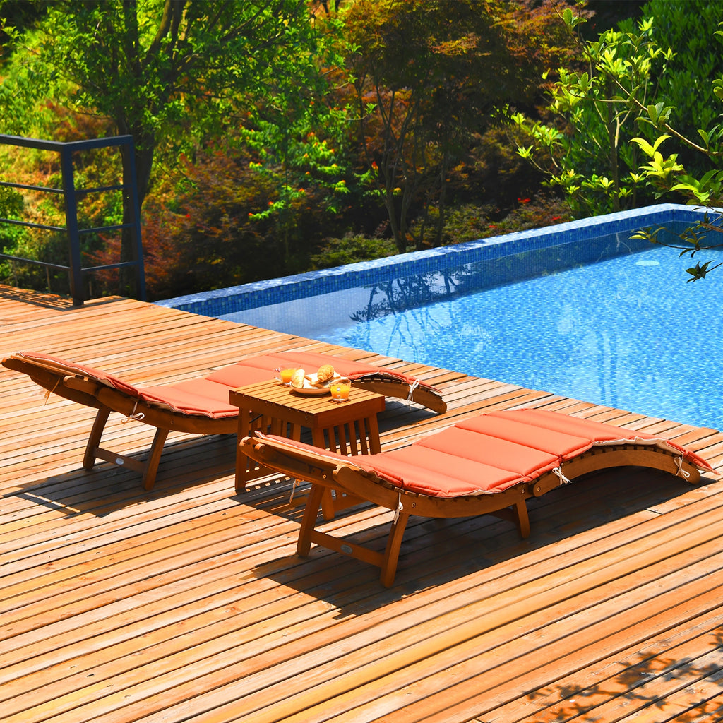 3 Pieces Folding Patio Eucalyptus Wood Lounge Chair Set with Foldable