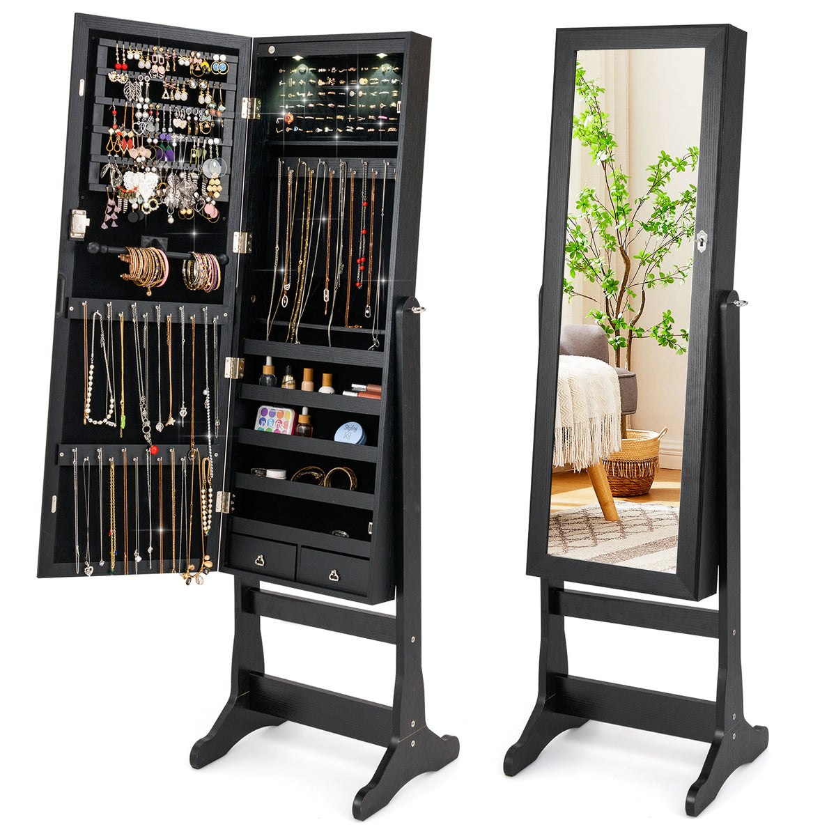 Lockable Jewelry Cabinet Armoire with Mirror and Lights, Black