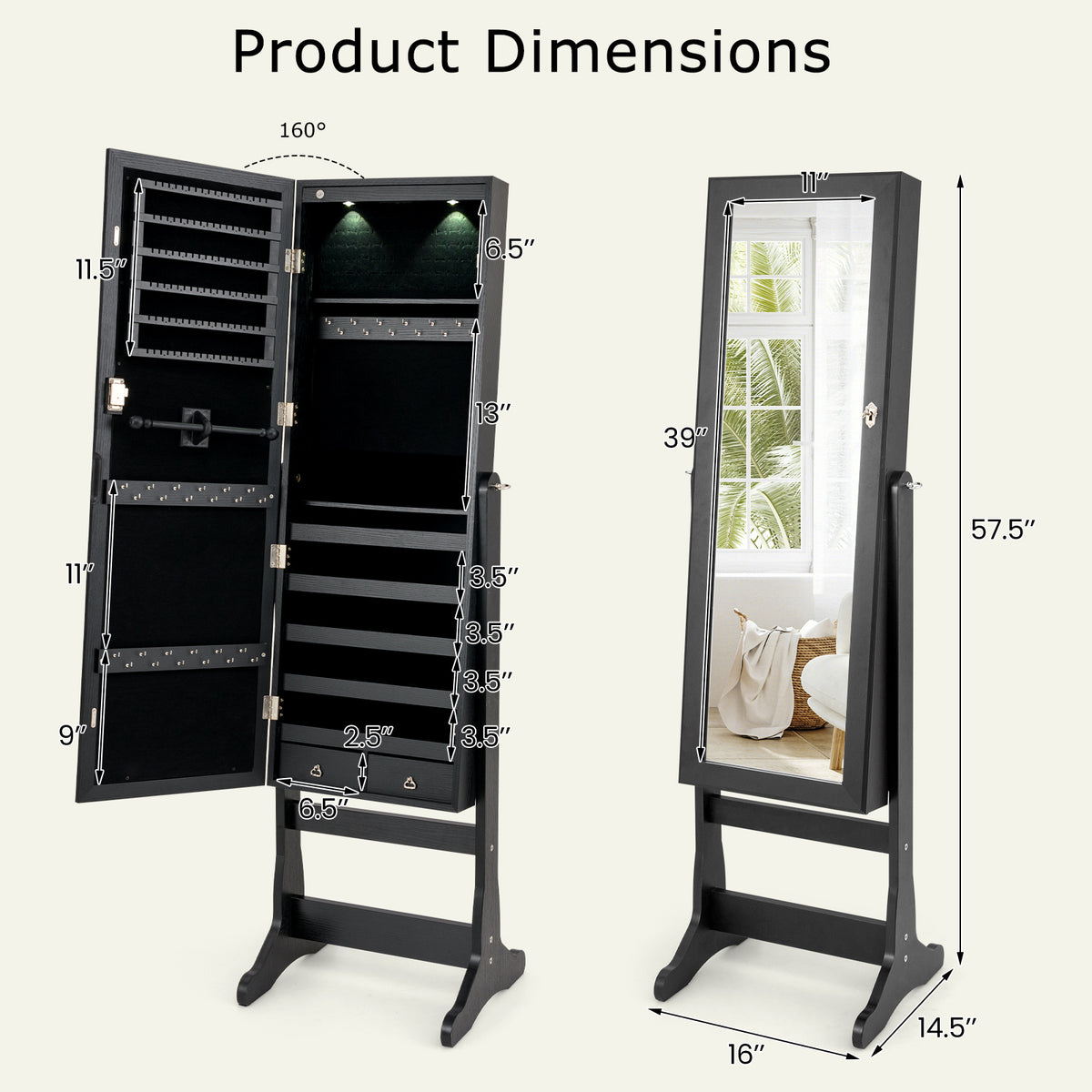 Lockable Jewelry Cabinet Armoire with Full-Length Mirror and Lights - Black