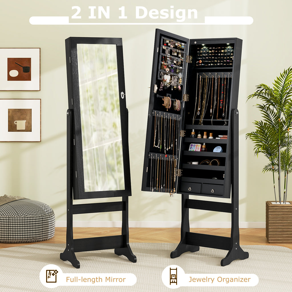 Lockable Jewelry Cabinet Armoire with Full-Length Mirror and Lights - Black