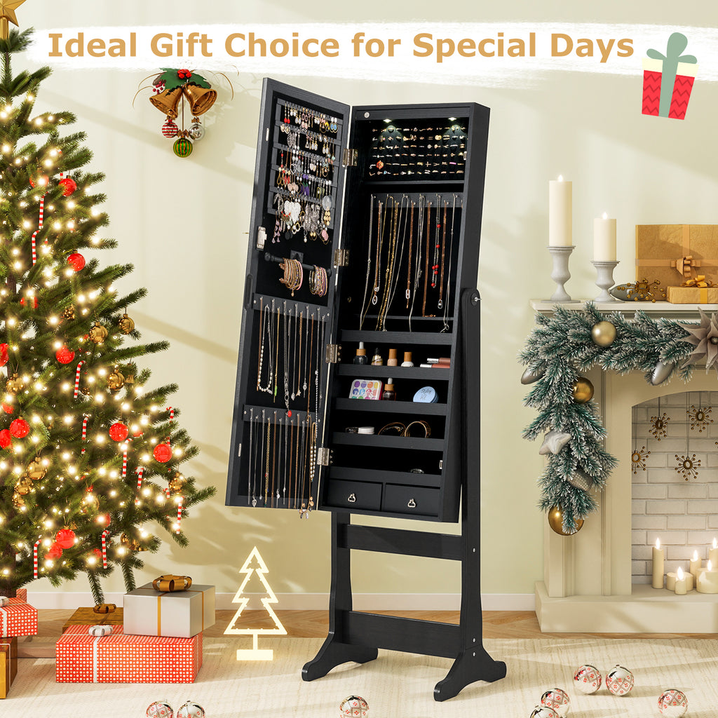 Lockable Jewelry Cabinet Armoire with Mirror and Lights, Black
