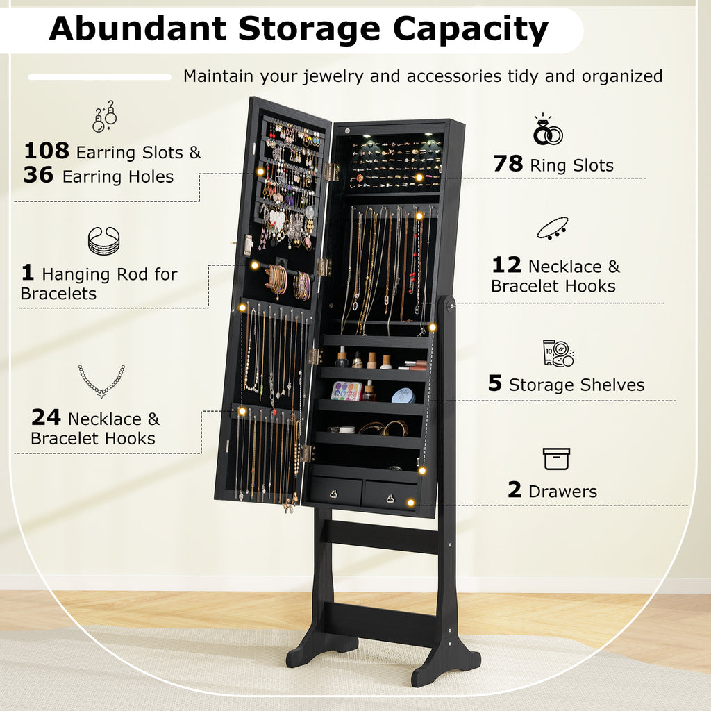 Lockable Jewelry Cabinet Armoire with Mirror and Lights, Black