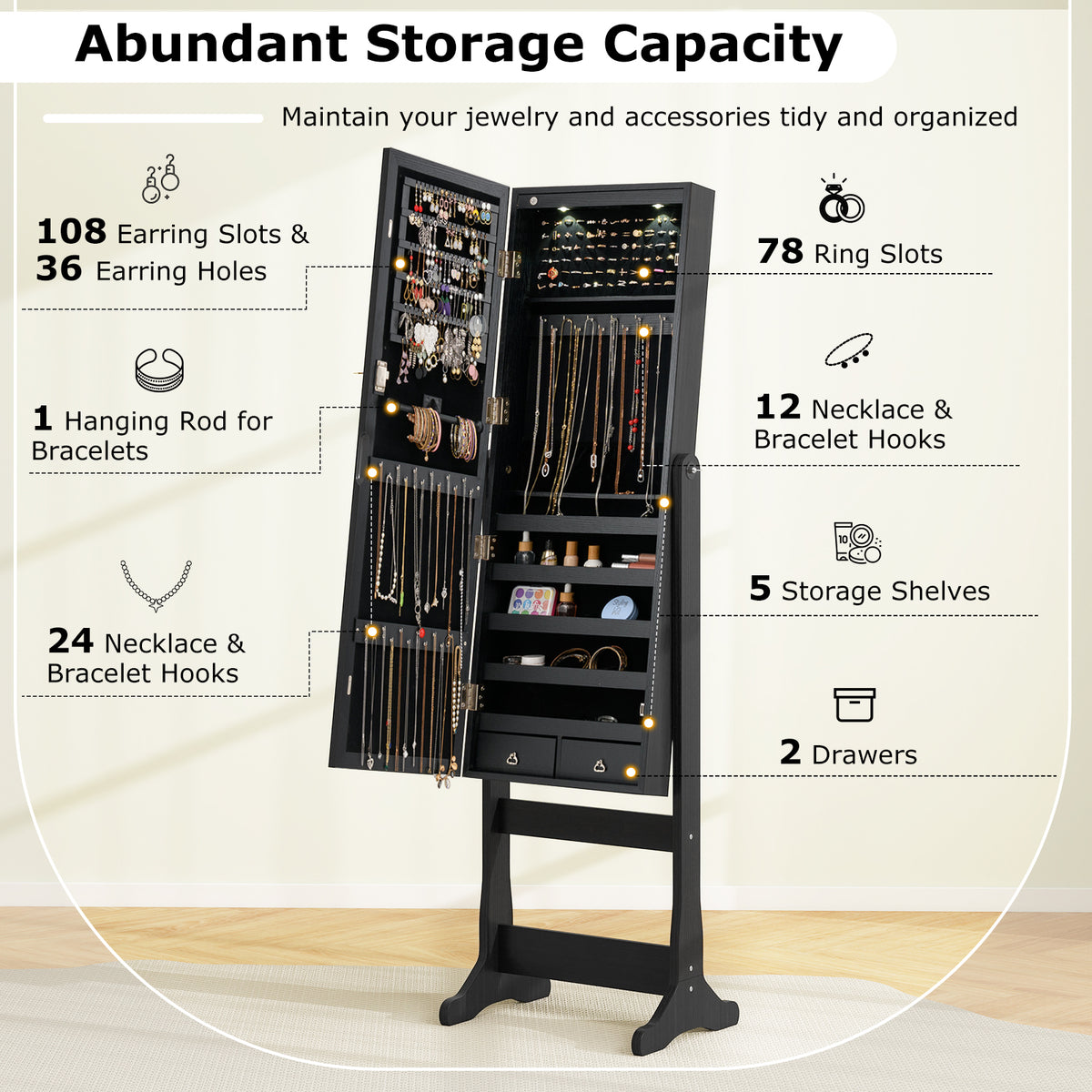 Lockable Jewelry Cabinet Armoire with Mirror and Lights, Black