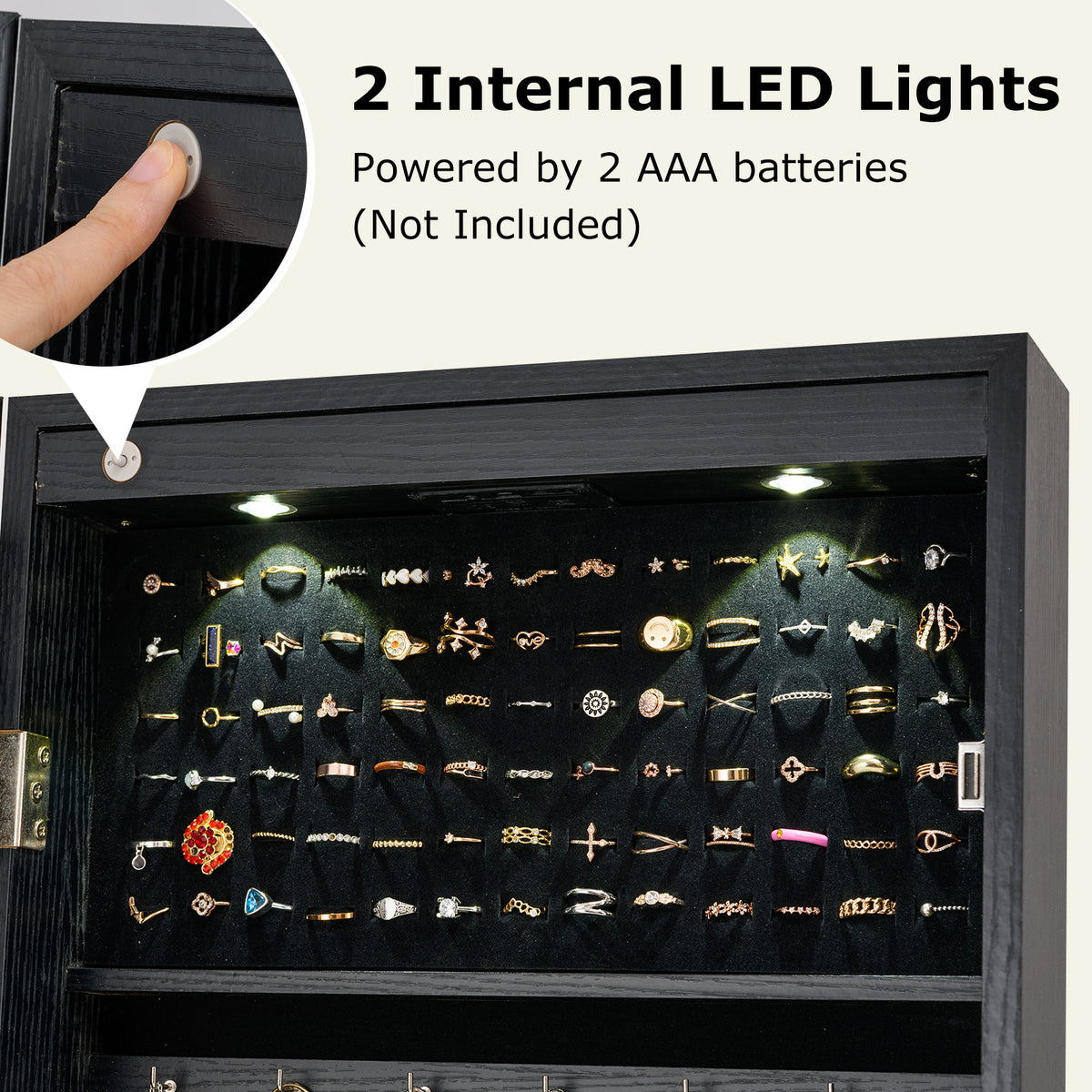 Lockable Jewelry Cabinet Armoire with Full-Length Mirror and Lights - Black