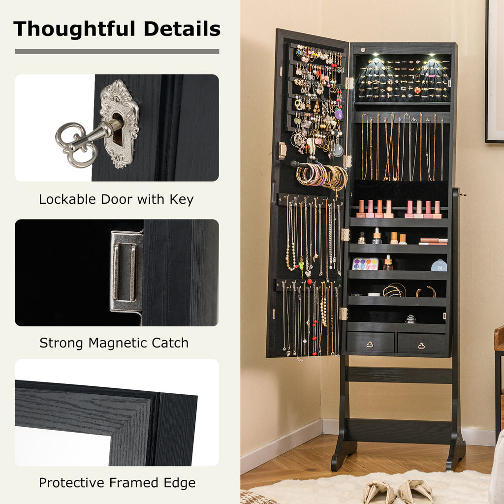 Lockable Jewelry Cabinet Armoire with Mirror and Lights, Black