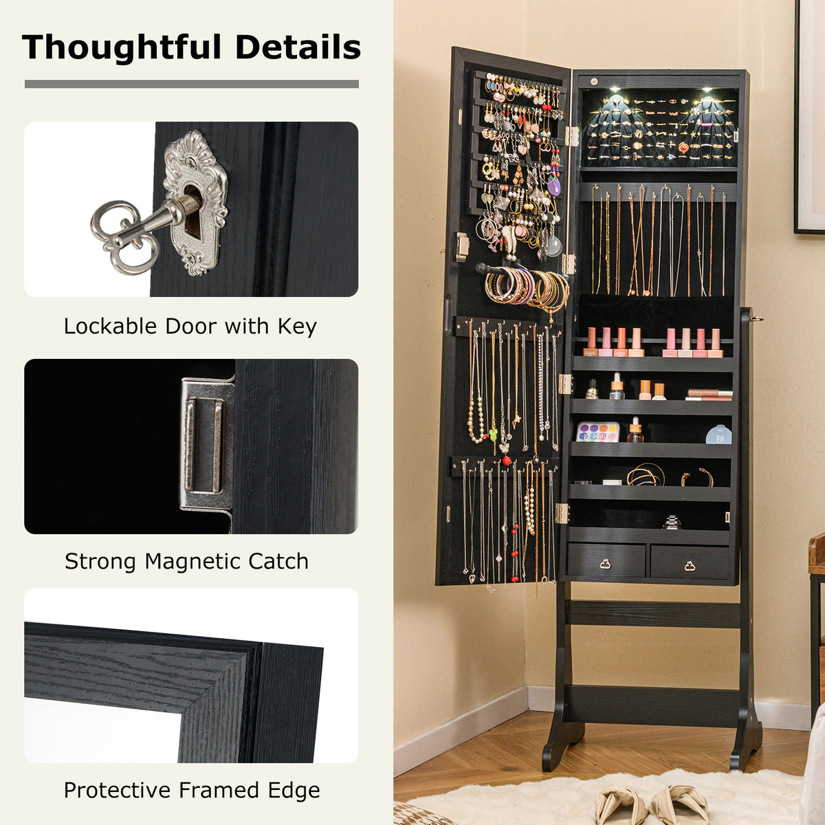 Lockable Jewelry Cabinet Armoire with Full-Length Mirror and Lights - Black