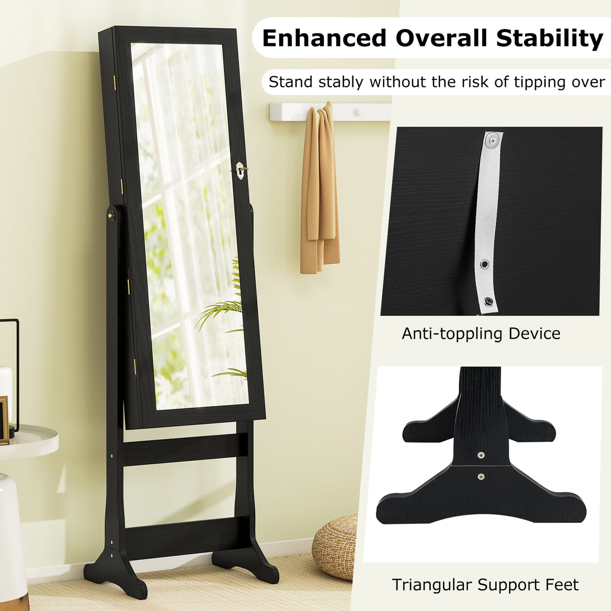 Lockable Jewelry Cabinet Armoire with Mirror and Lights, Black