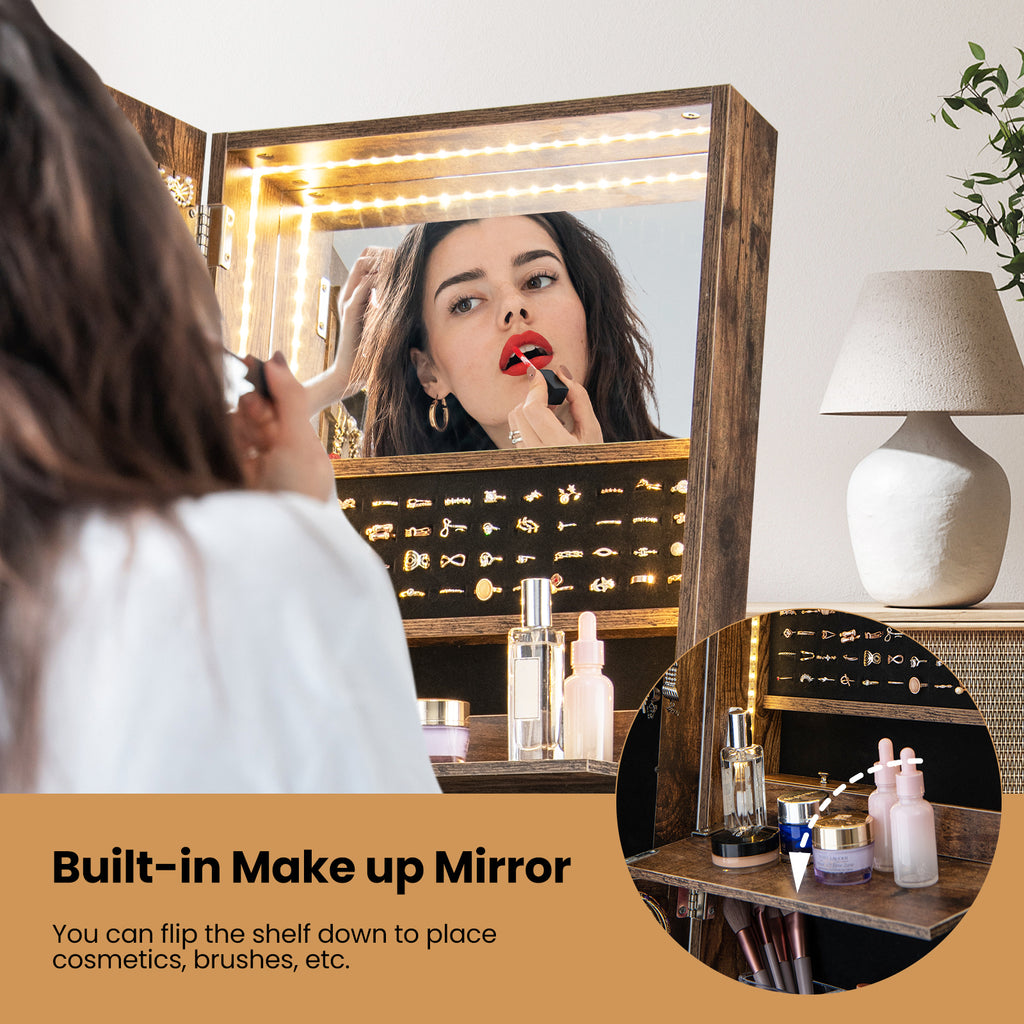 Lockable Freestanding Jewelry Organizer with Mirror, White