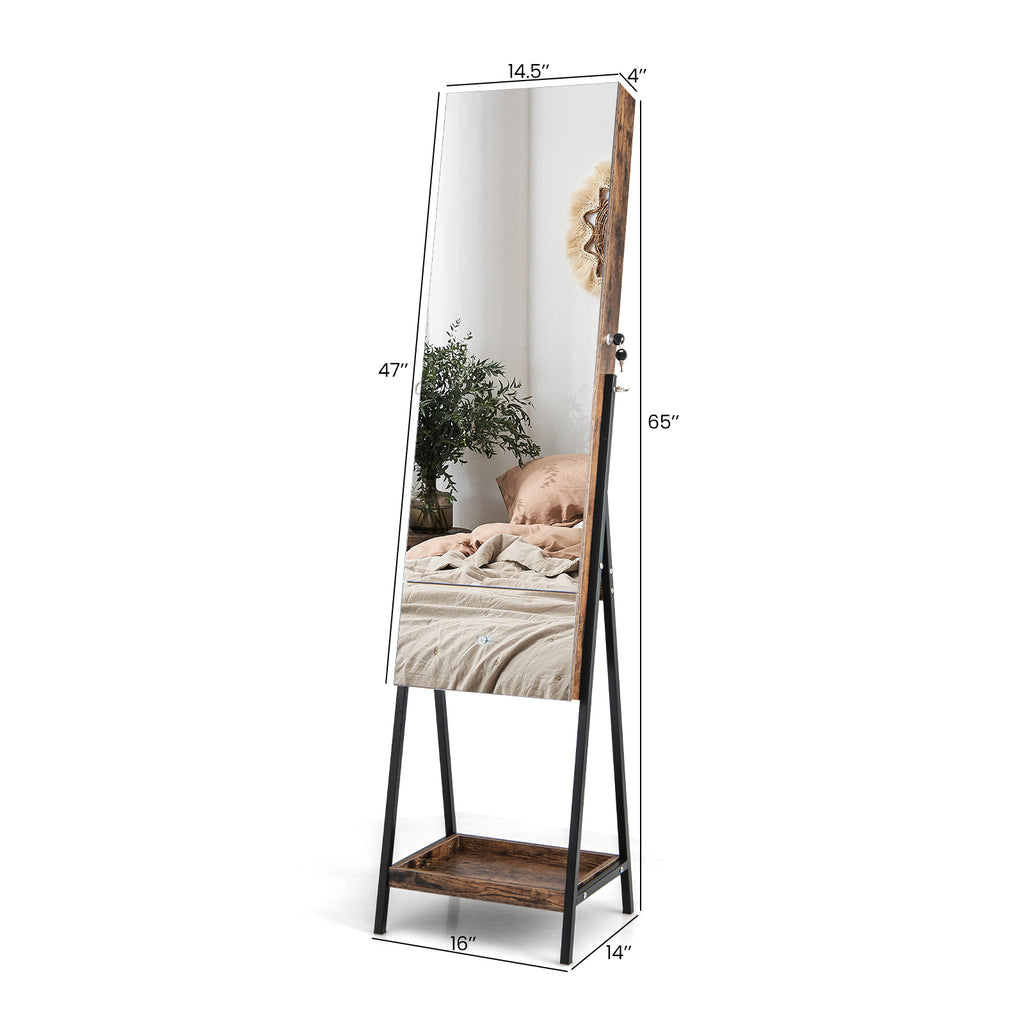 Lockable Freestanding Jewelry Organizer with Mirror, White