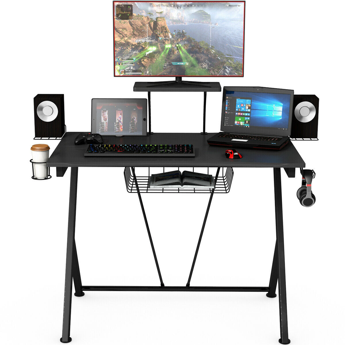 Gaming Desk with Headset Hook, Cup Holder & Monitor Shelf