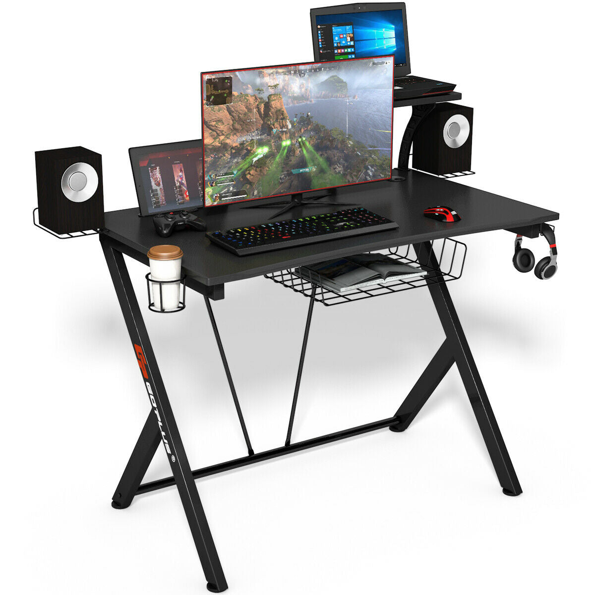 Gaming Desk with Headset Hook, Cup Holder & Monitor Shelf