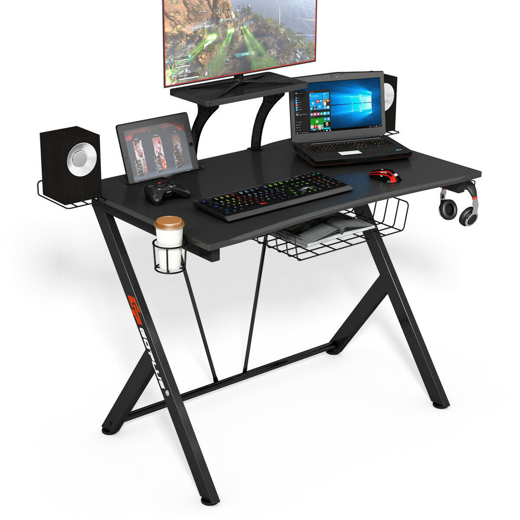 Gaming Desk with Headset Hook, Cup Holder & Monitor Shelf