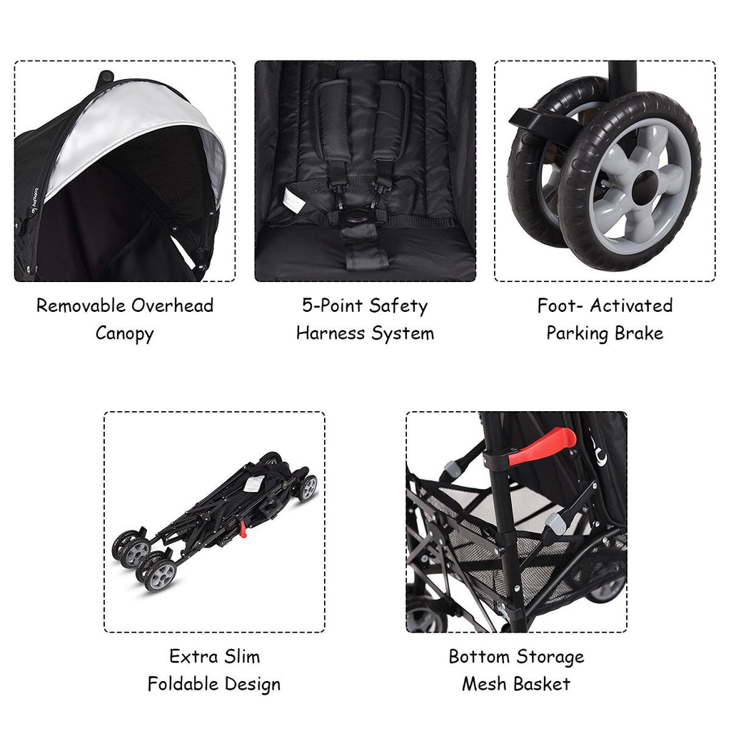 Lightweight Folding Baby Toddler Umbrella Travel Stroller - Black