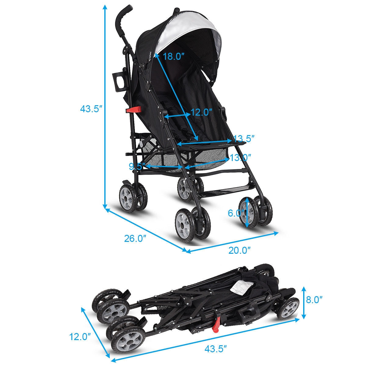 Lightweight Folding Baby Toddler Umbrella Travel Stroller - Black