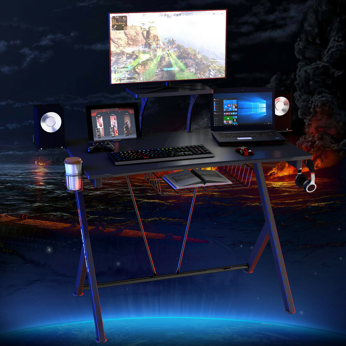 Gaming Desk with Headset Hook, Cup Holder & Monitor Shelf