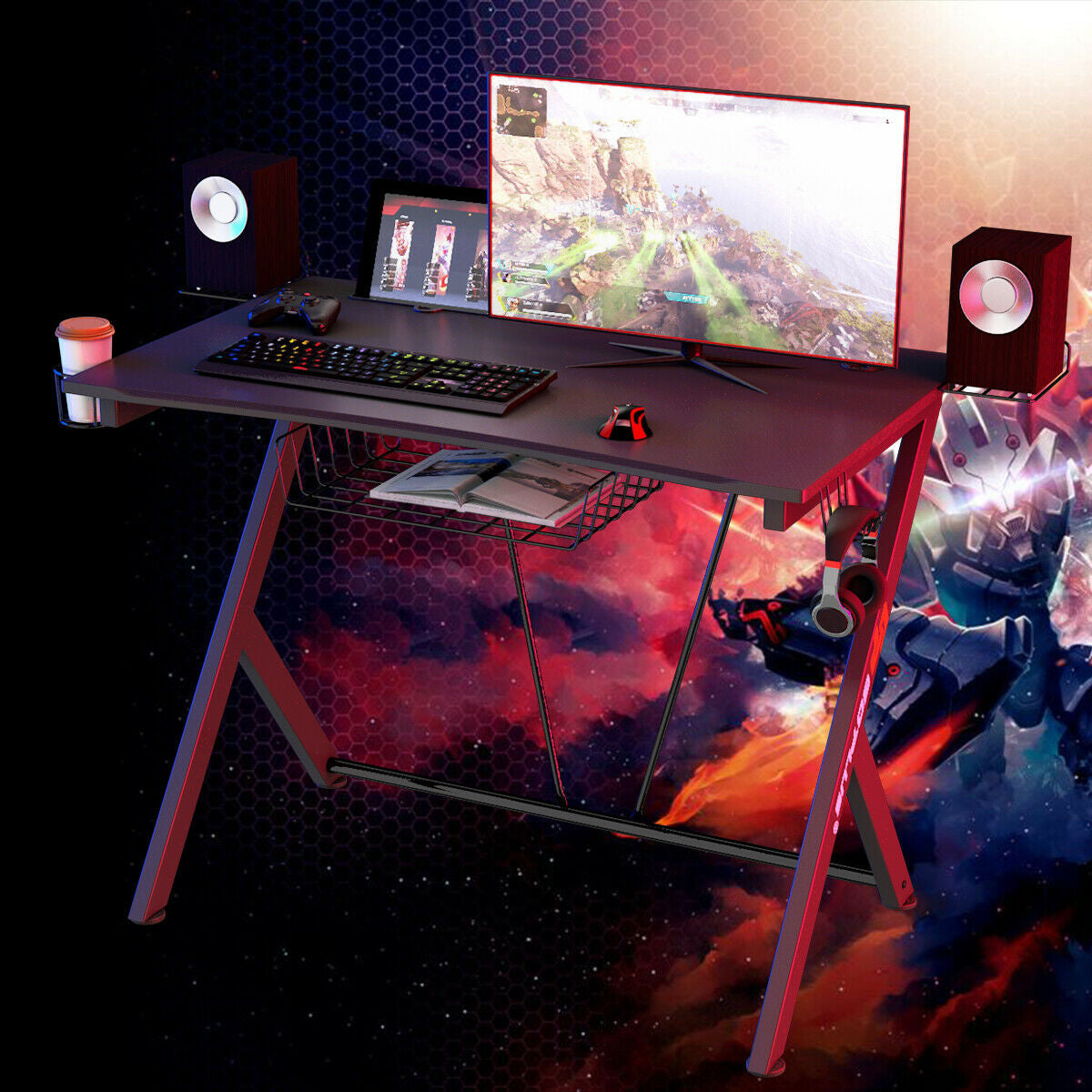 Gaming Desk with Headset Hook, Cup Holder & Monitor Shelf