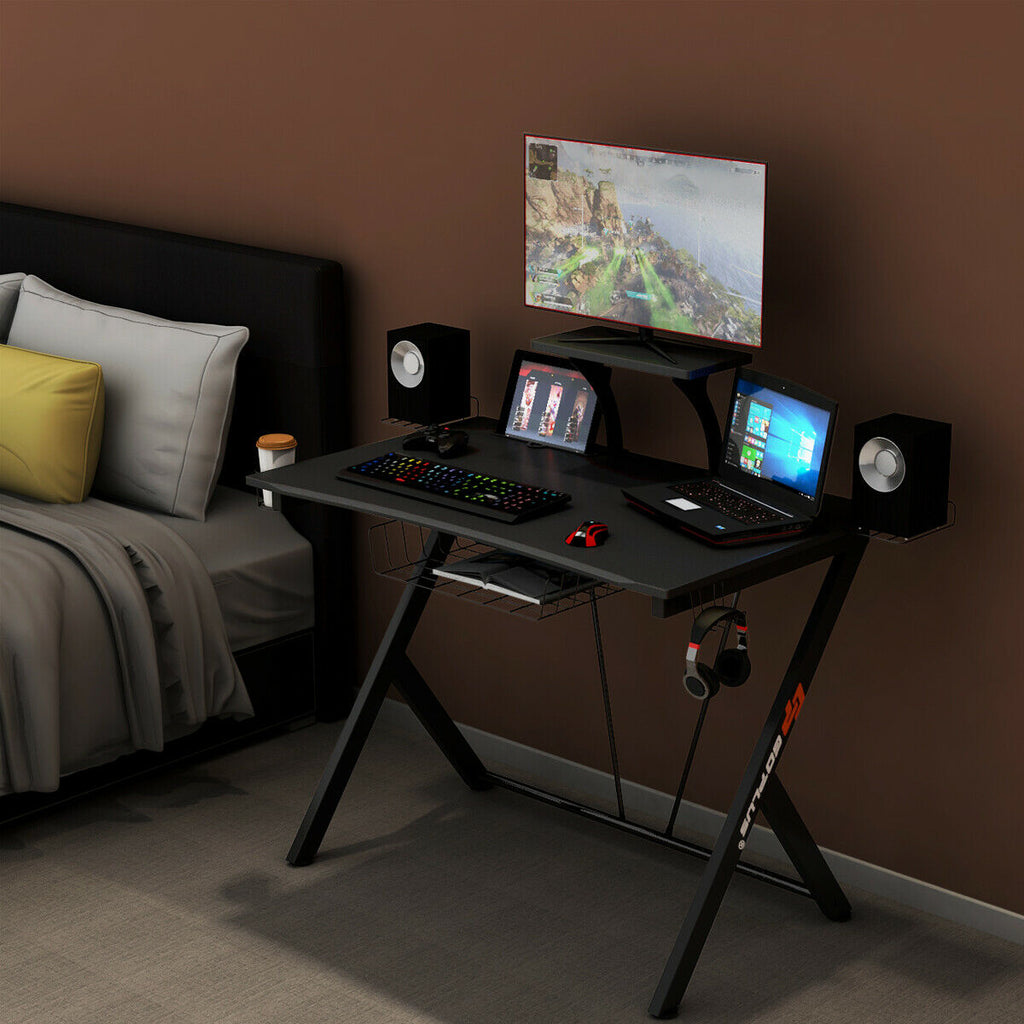 Gaming Desk with Headset Hook, Cup Holder & Monitor Shelf