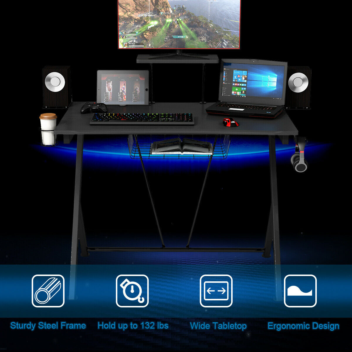 Gaming Desk with Headset Hook, Cup Holder & Monitor Shelf