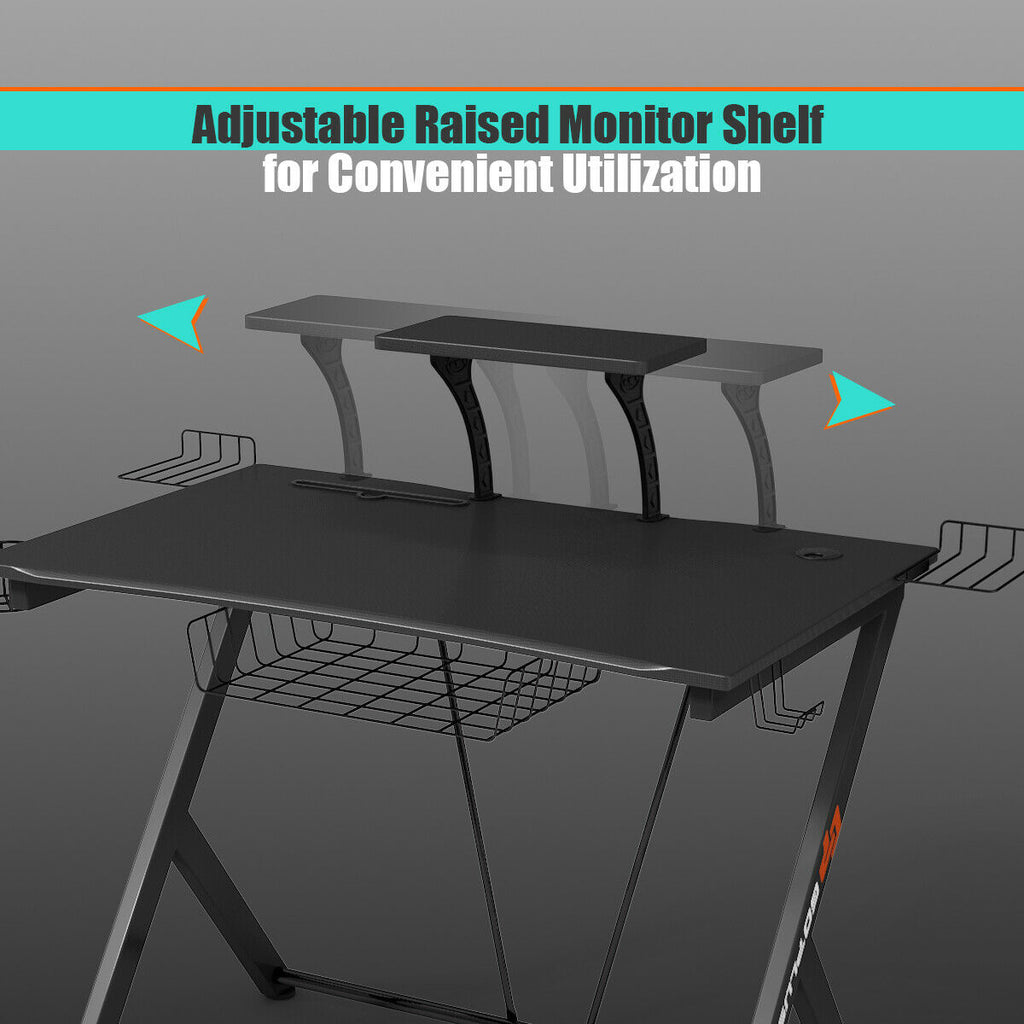 Gaming Desk with Headset Hook, Cup Holder & Monitor Shelf