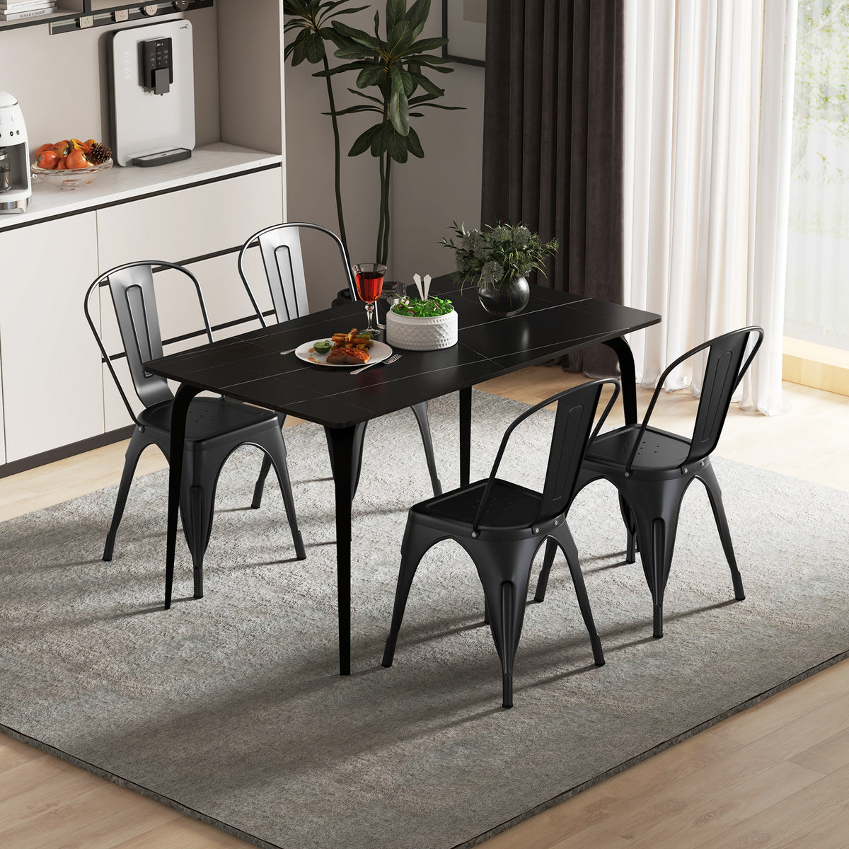 Metal Dining Chairs Set of 4 with Removable Backrest - Black