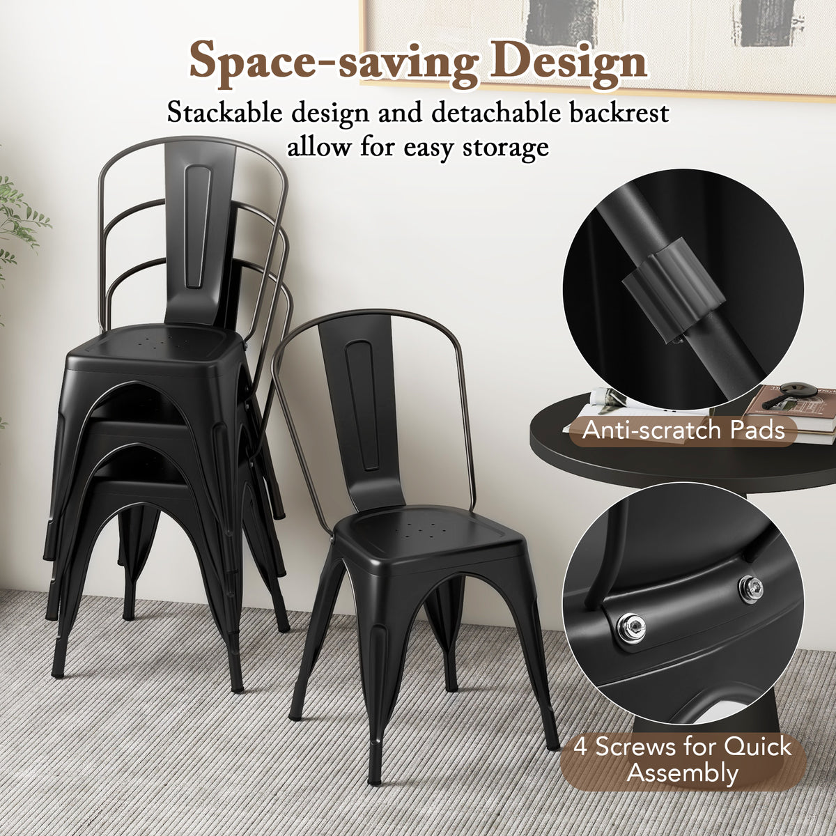 Metal Dining Chairs Set of 4 with Removable Backrest - Black