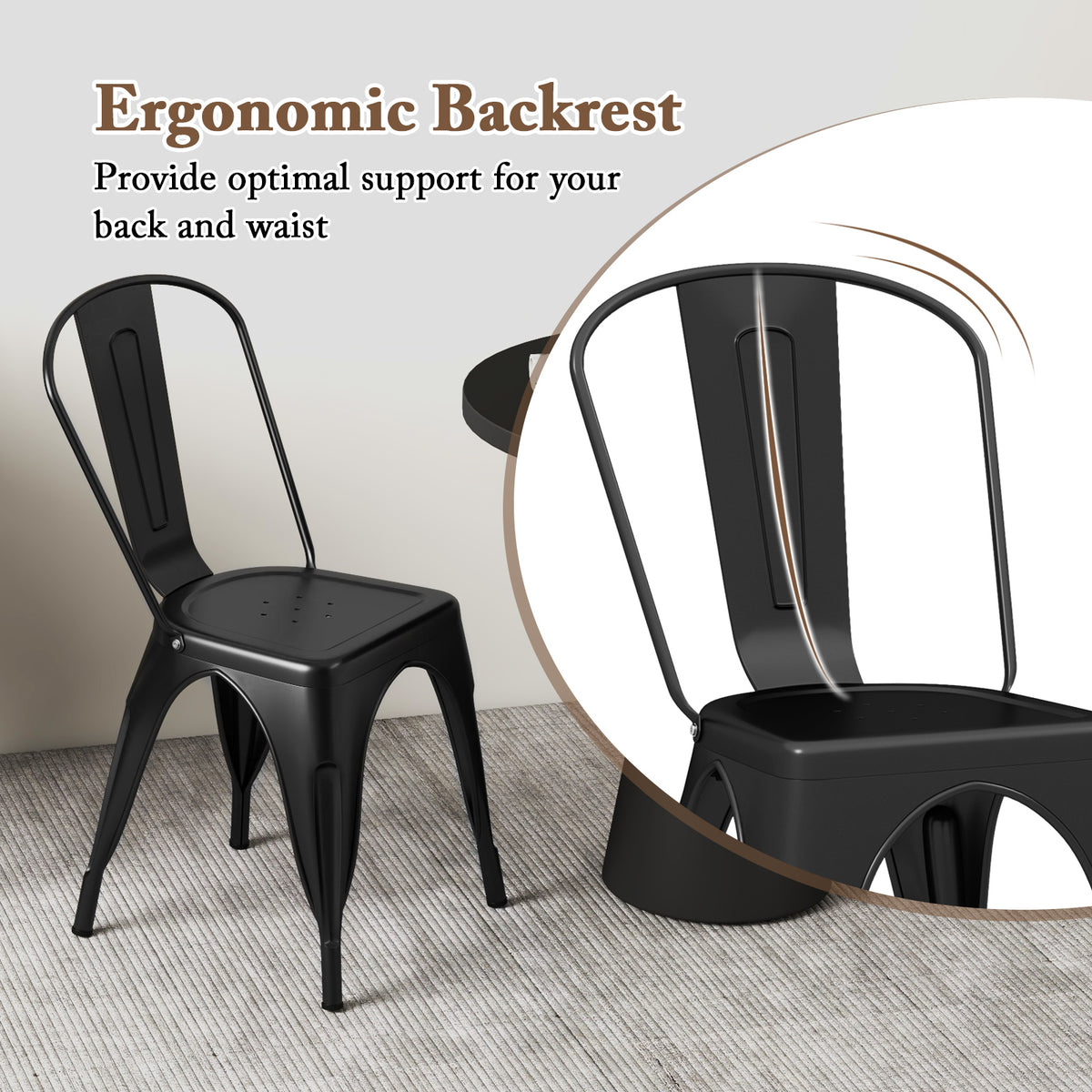 Metal Dining Chairs Set of 4 with Removable Backrest - Black