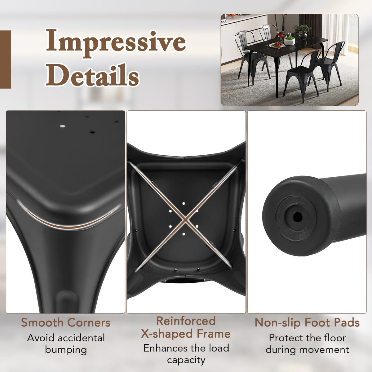 Metal Dining Chairs Set of 4 with Removable Backrest - Black