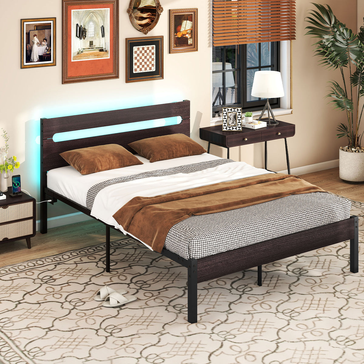 Heavy-Duty Metal Slat Platform Bed with Charging Station - Walnut