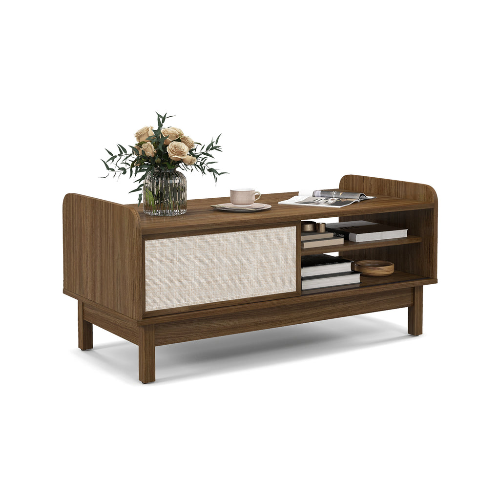 Mid-Century Center Table with Storage and Sliding Door – Walnut, 39.5" x 18.5" x 18.5"