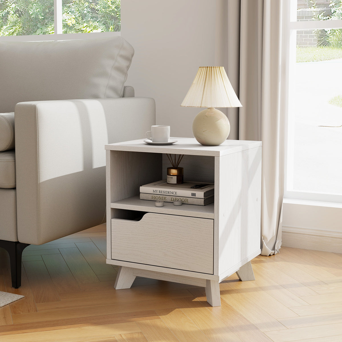 Mid Century Modern Bedside Table with Storage Drawer – White