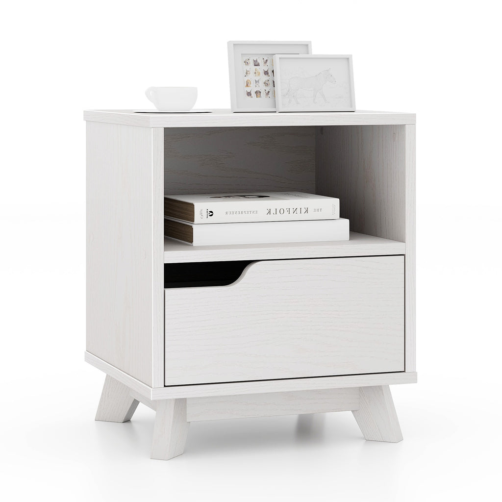Mid Century Modern Bedside Table with Storage Drawer – White