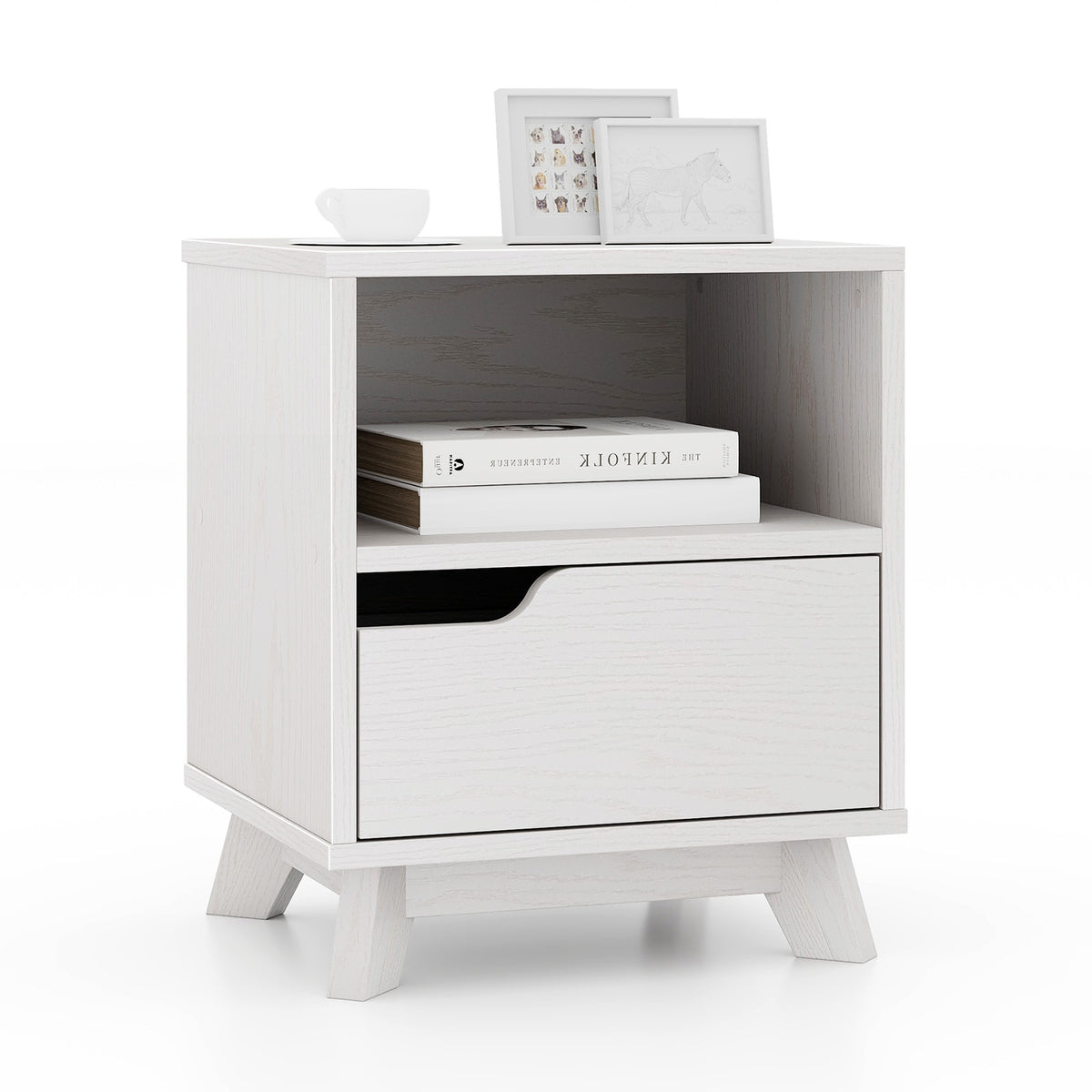 Mid Century Modern Bedside Table with Storage Drawer – White