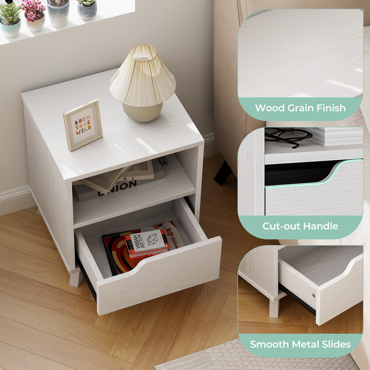 Mid Century Modern Bedside Table with Storage Drawer – White