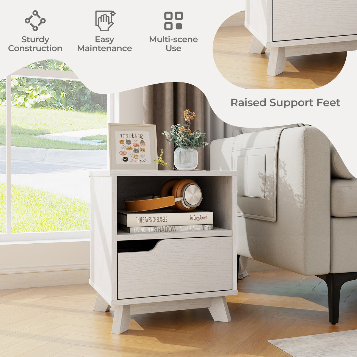 Mid Century Modern Bedside Table with Storage Drawer – White