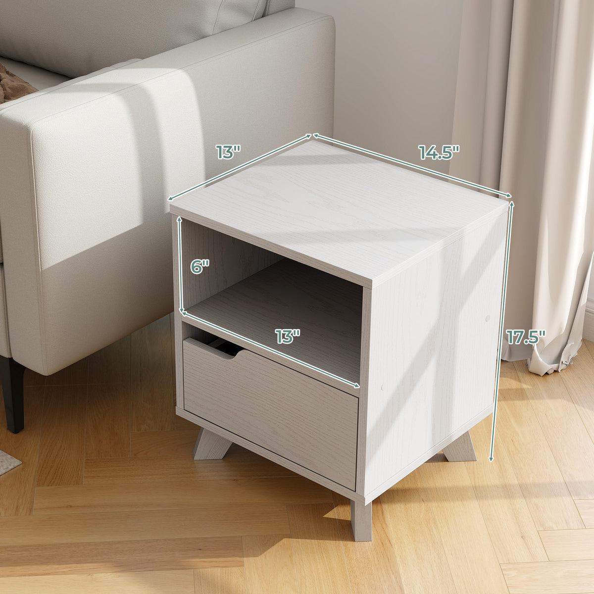 Mid Century Modern Bedside Table with Drawer - White