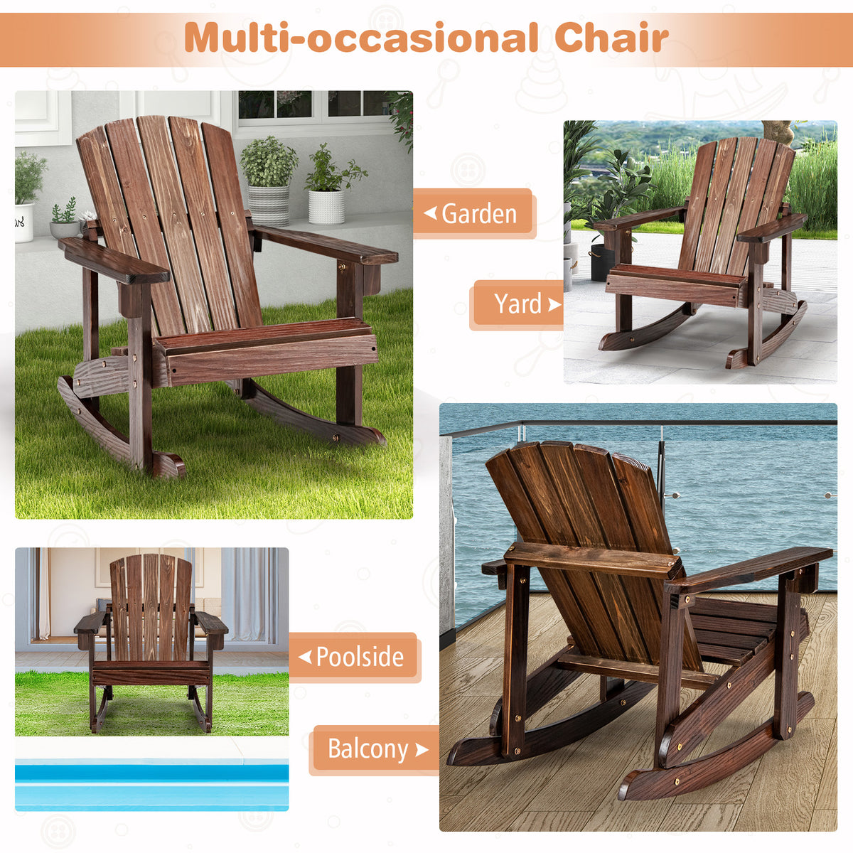 Outdoor Kid Adirondack Rocking Chair with Slatted Seat - Coffee Variation