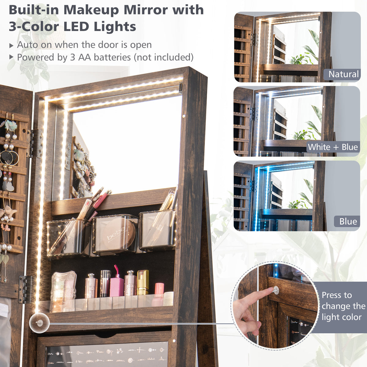 360° Rotating Jewelry Cabinet with Mirror & LED Light - Brown, 5 Shelves