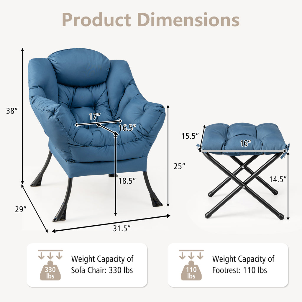 Modern Accent Sofa Chair with Folding Footrest – Navy Polyester