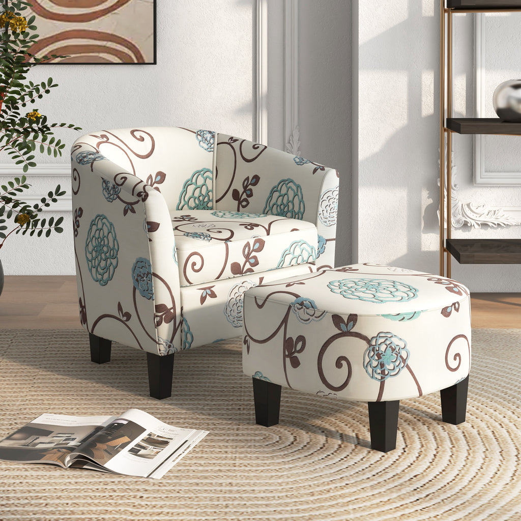 Beige Linen Accent Chair & Ottoman Set