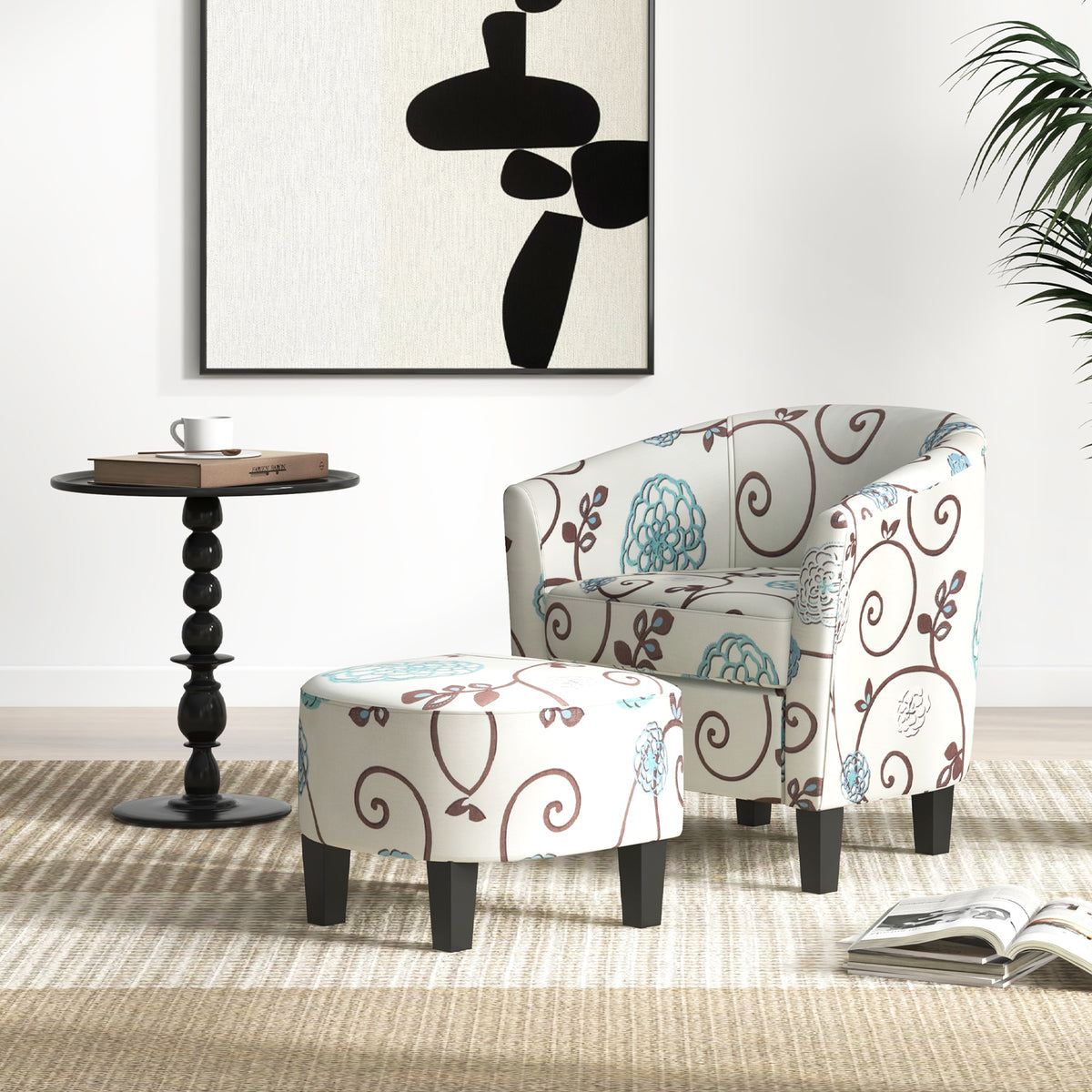 Modern Accent Armchair with Ottoman Set - Beige