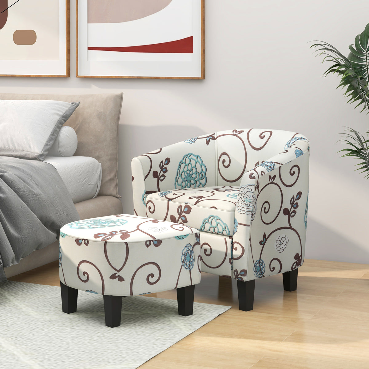 Beige Linen Accent Chair & Ottoman Set