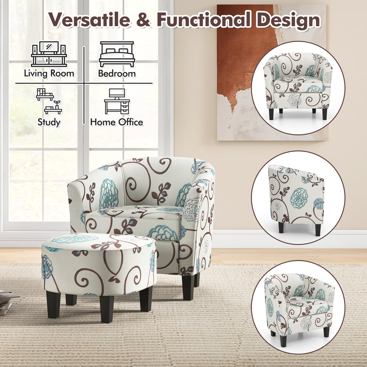 Modern Accent Armchair with Ottoman Set - Beige