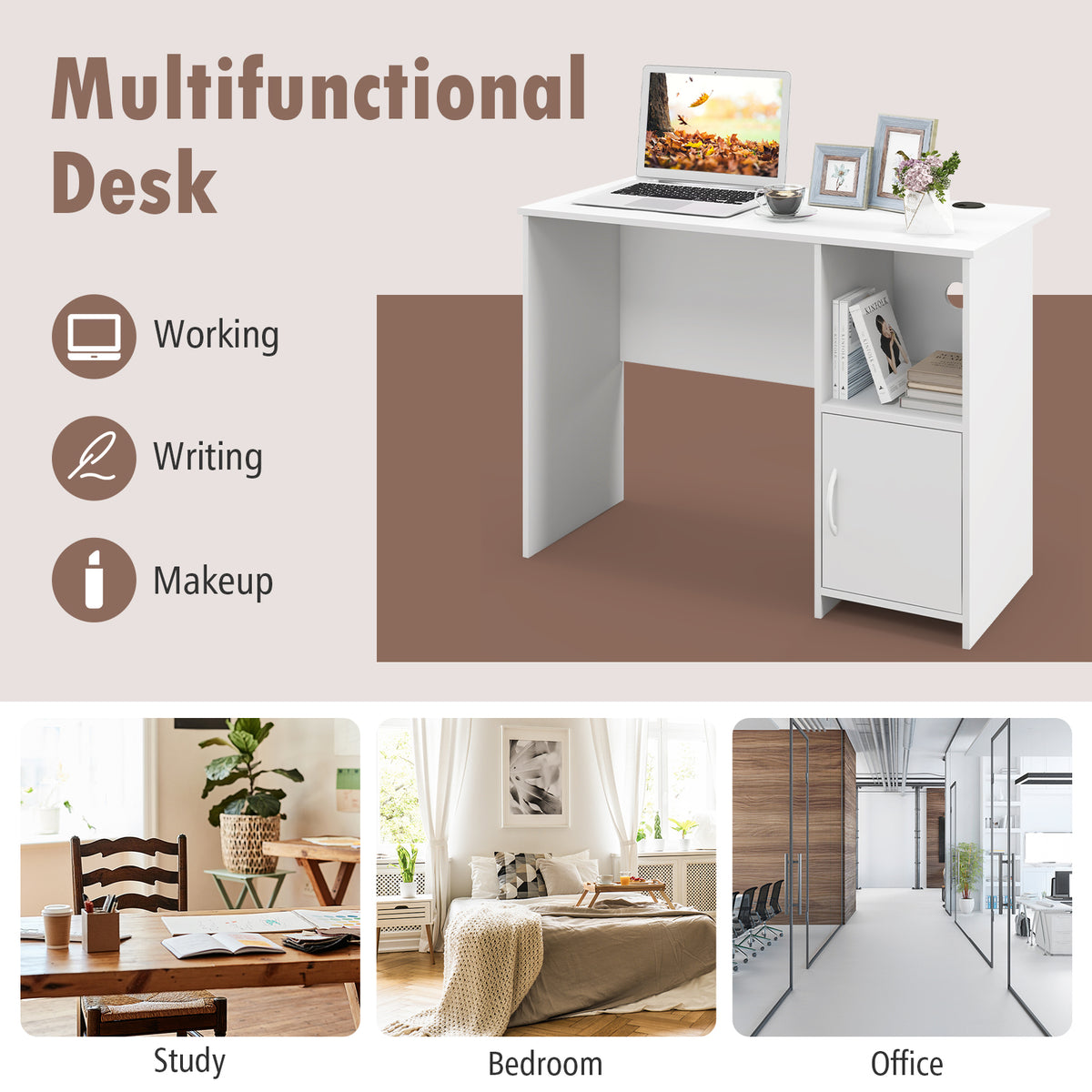Computer Desk with Cabinet Storage – White Single Door