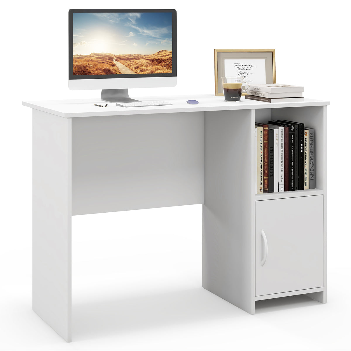 Computer Desk with Cabinet Storage – White Single Door