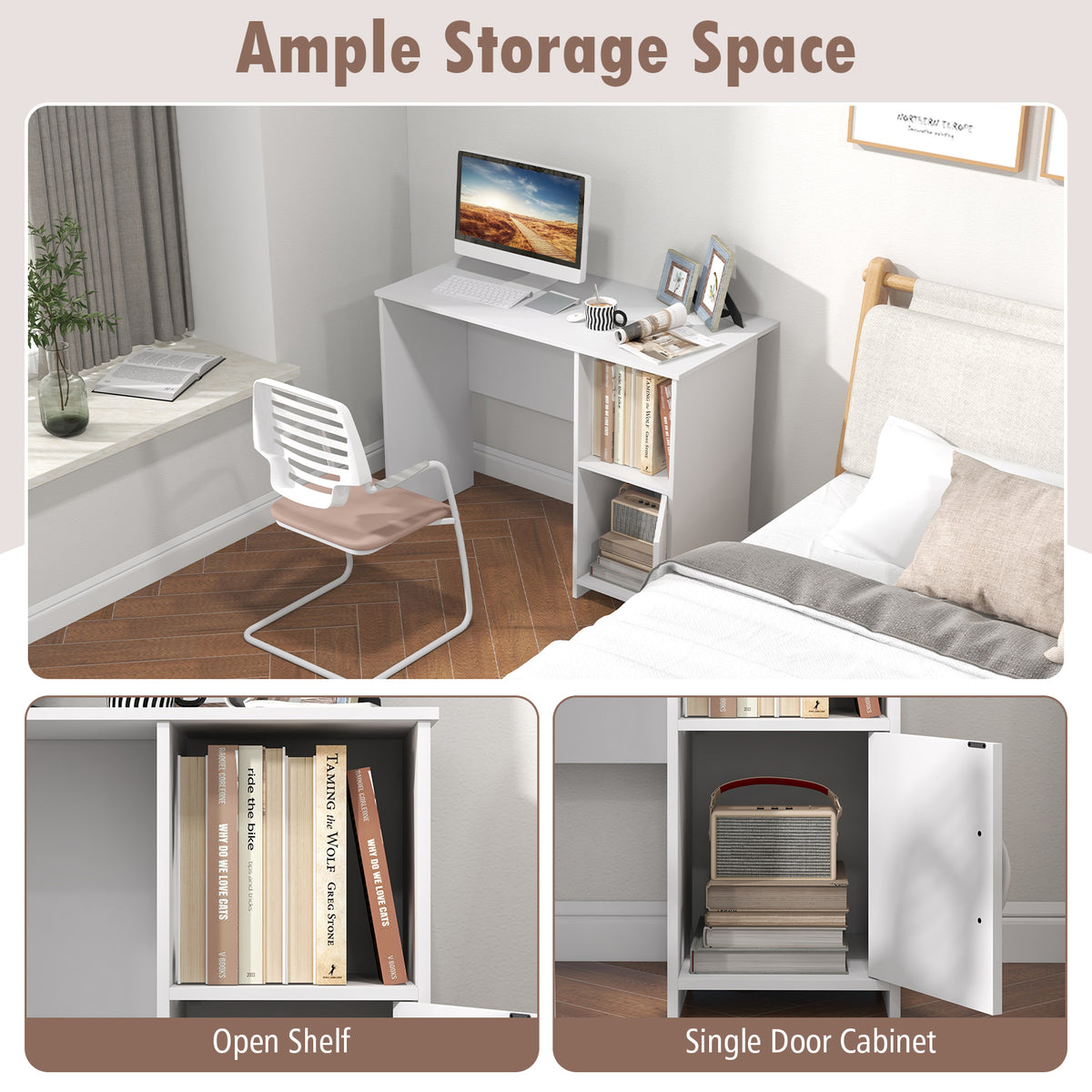 Computer Desk with Cabinet Storage – White Single Door