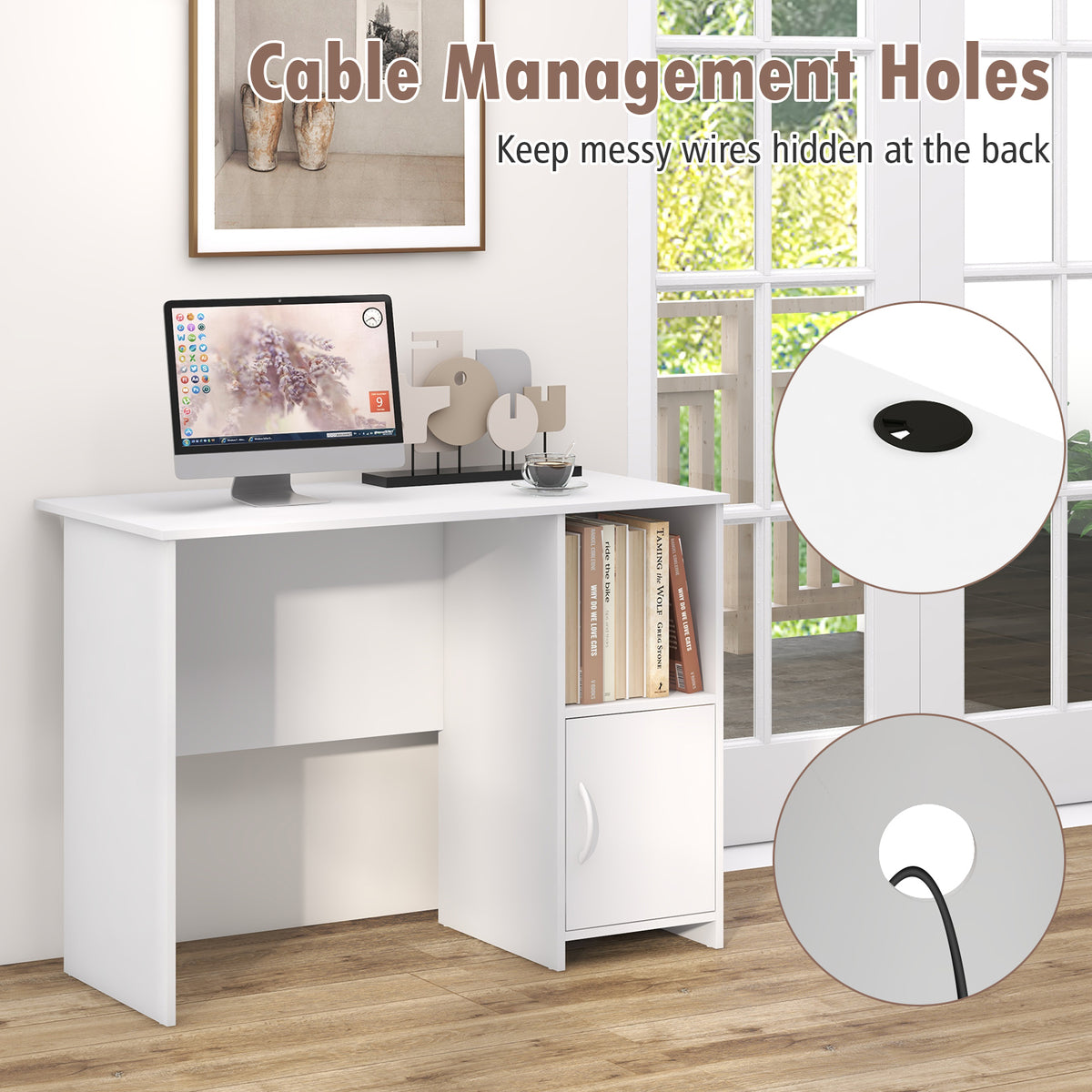 Computer Desk with Cabinet Storage – White Single Door