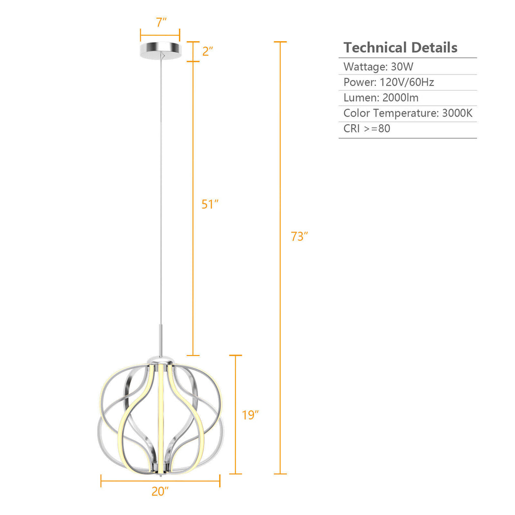 Modern Dimmable Warm White LED Chandelier - Pendant Light with LED, Adjustable Height