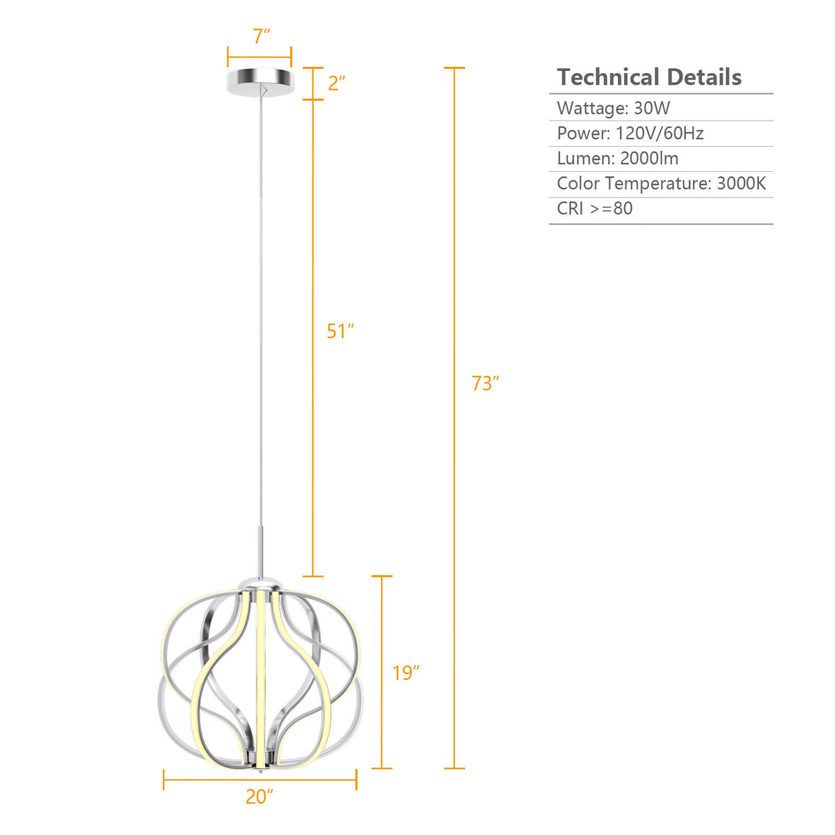 Modern Dimmable Warm White LED Chandelier - Pendant Light with LED, Adjustable Height