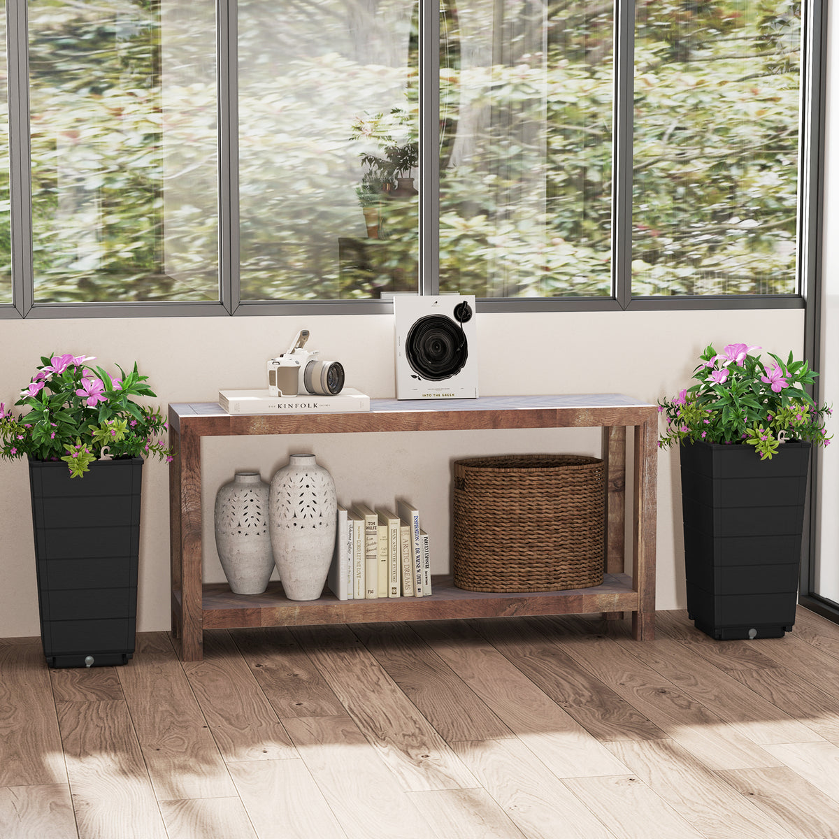 Black Modern Flower Planter Set of 2 with Self-Watering System for Indoor Outdoor